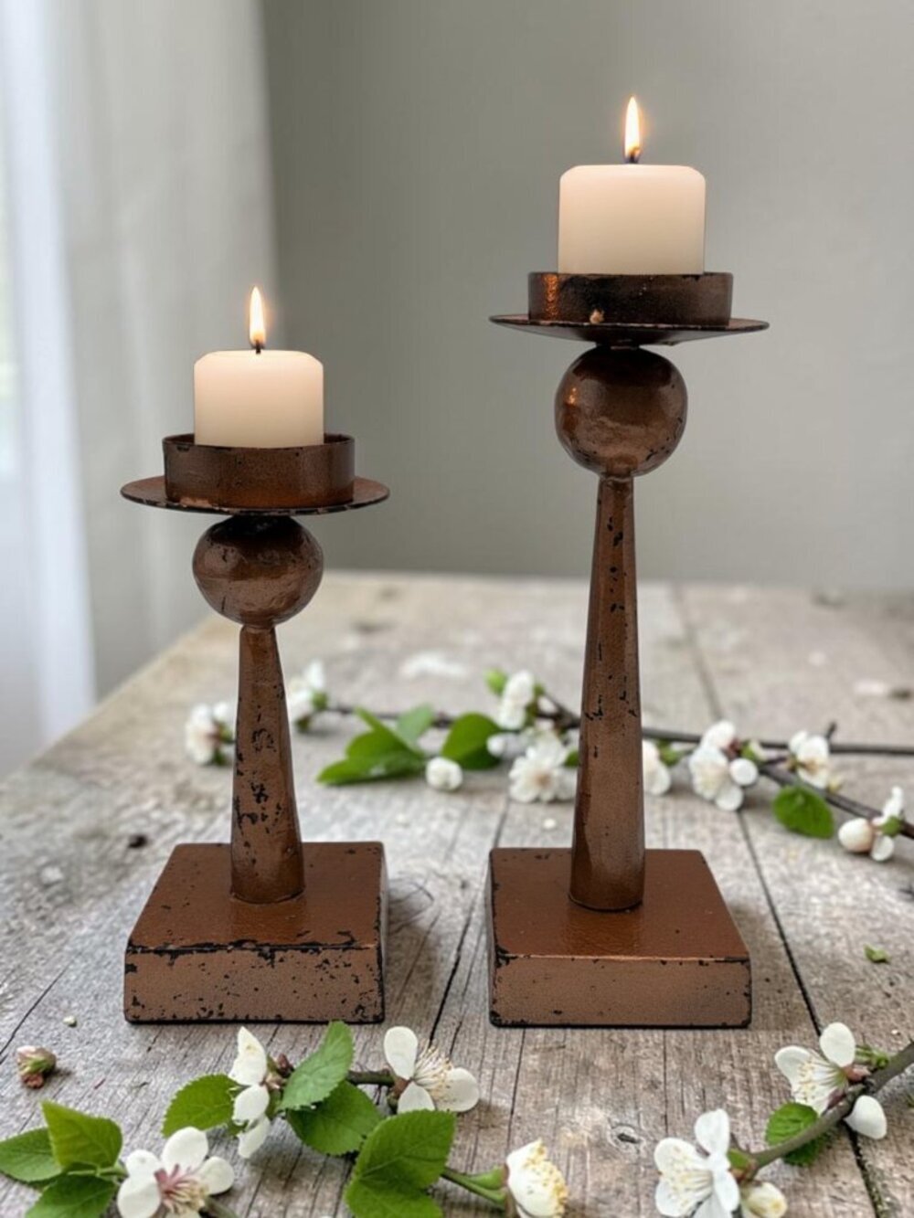 Rustic Metal Pillar Candle Holders (2) Distressed Farmhouse Decor Made in India